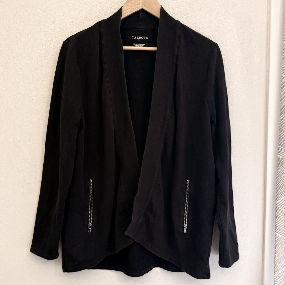 Talbots Cotton Blend Stretch Moto Open Cardigan Rock Grunge Emo Black Women’s L